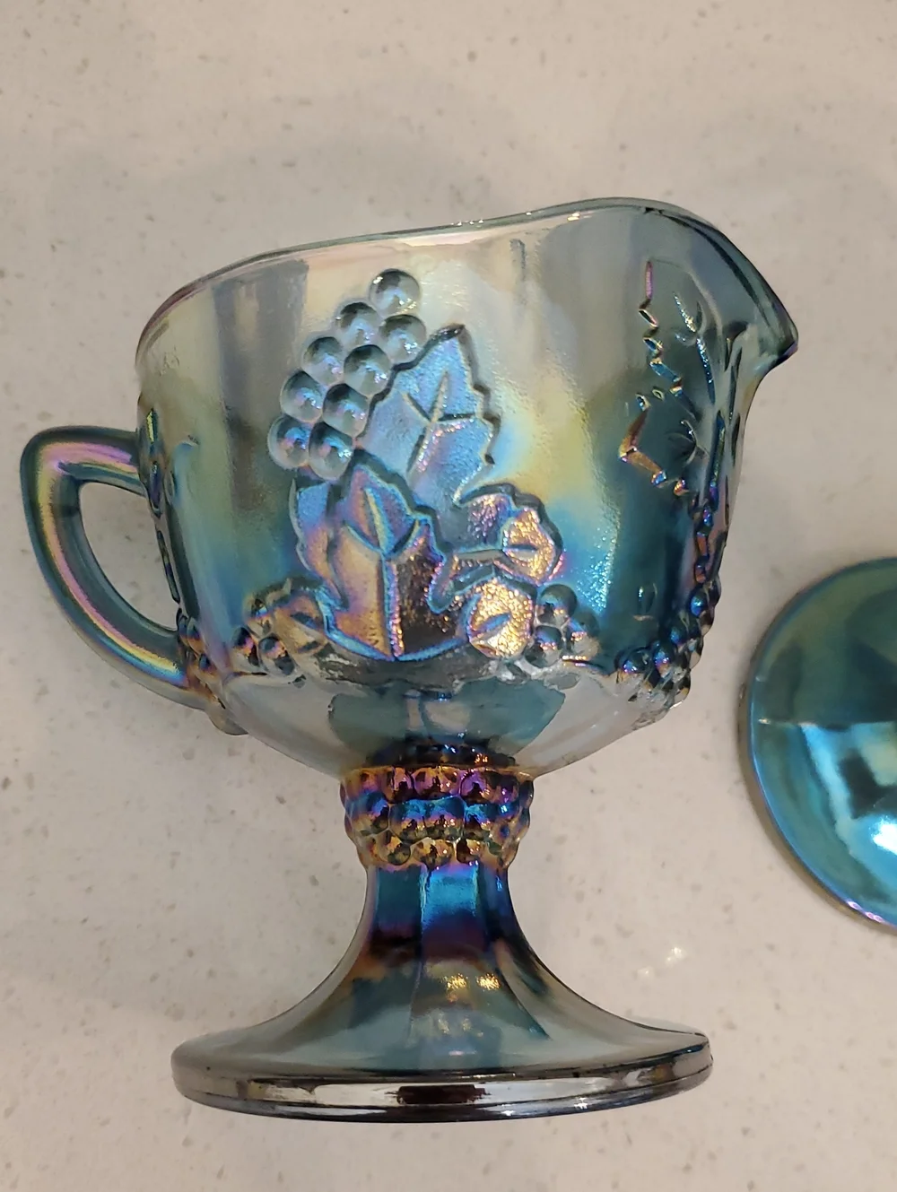 Indiana Carnival Glass Blue Colony Harvest Creamer & Sugar Bowl